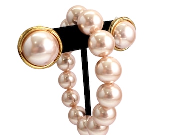 Pink Faux Pearl Clip Earring and Bracelet Set, Gold Trimmed Chunky Bead Costume Jewelry