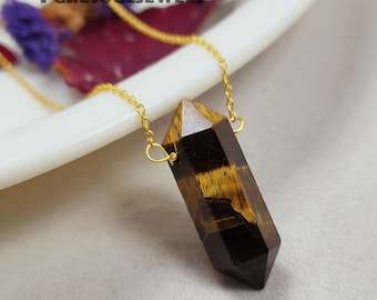 Tiger Eye Necklace, Tigers Eye Point Pendant, Sterling Gemstone Point, Healing Crystal Necklace, Layering Necklace, Anniversary Jewelry