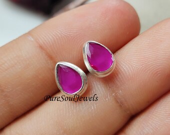 Genuine Rubylite Stud Earrings, 925 Sterling Silver, Delicate Gemstone Jewelry, Unique Ruby Gift Women