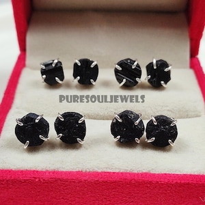 Raw Black Tourmaline Stud Earrings, 925 Silver Prong Studs, Healing Gemstone Jewelry, October Birthstone, Gift for Her, Christmas Gift
