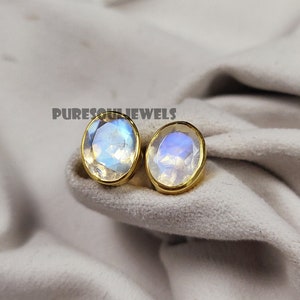 Rainbow Moonstone Earring Studs: Handmade 925 Silver, Boho Hippie Style