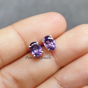 Handmade Purple Amethyst Stud Earrings: 925 Sterling Silver, February Birthstone