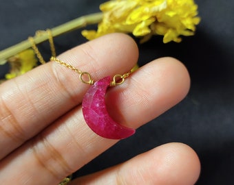 Pink Ruby Crescent Moon Necklace, Ruby Necklace, July Birthstone, Celestial Jewelry, Crystal Moon Necklace, Wedding Gift, Gift For Her, Gift