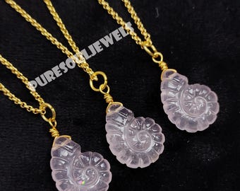 天然ローズクォーツシェル彫刻ペンダント、925シルバーハンドメイド