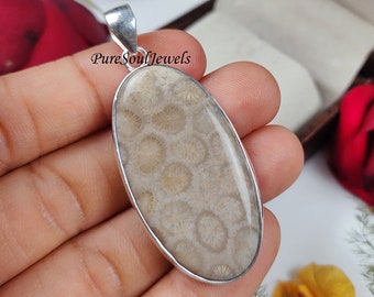 Coral Necklace, Natural Fossil Coral Pendant, Stone Jewelry, Silver Jewelry, Natural Genuine Gemstones, Fossil Coral Cabochon Pendant Gift