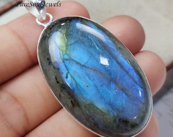 Natural Blue Flash Labradorite Pendant, Sterling Silver Boho Necklace, Handmade Gemstone Jewelry