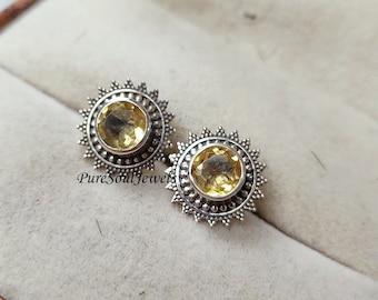 Natural Citrine Stud Earring, Handmade Jewelry, 925 sterling Silver Earring, Vintage Look Citrine Jewelry, Anniversary Gift, Gift For Her