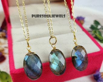 Faceted Labradorite Floating Necklace, 925 Sterling Silver Dainty Minimalist Crystal Jewelry