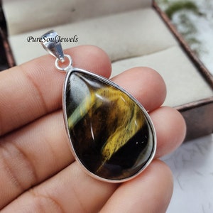 Natural Tiger Eye 925 Sterling Silver Pendant: Boho Hippie Jewelry