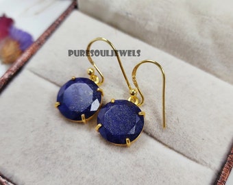Lapis Lazuli Sterling Silver Round Earrings, Boho Gemstone Earrings, Blue Lapis Lazuli Earrings, Gemstone Wedding Jewelry, Christmas Gifts