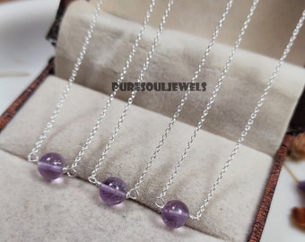 Minimalist Amethyst Crystal Ball Necklace, 925 Sterling Silver, Chakra Healing Jewelry, February Birthstone Gift