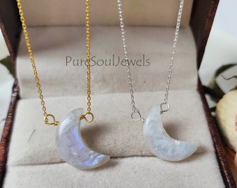 Natural Rainbow Moonstone Crescent Moon Necklace, 925 Sterling Silver Necklace, Choker Gemstone Pendant Necklace, One Of A Kind Necklace