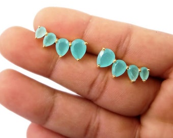 Ear Climber Earrings Aqua Blue Chalcedony Gold-plated Sterling Silver Ear Climber Earrings Aqua Blue Chalcedony Gold-plated Sterling Silver