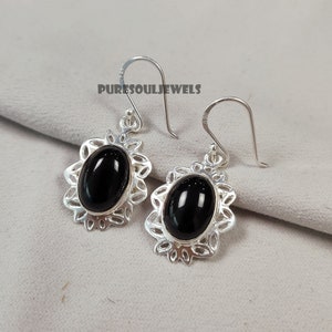 Schwarzer Onyx Blumen Ohrringe: Sterling Silber Boho Schmuck