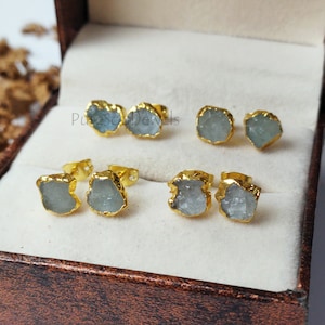 Raw Aquamarine Stud Earrings: Gold Plated, March Birthstone