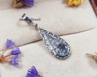 Natural Blue Topaz Pendant, Vintage Pendant, Gemstone Pendant, 925 Sterling Silver, Engagement Gift, Lightweight Jewelry, Oxidize Jewelry
