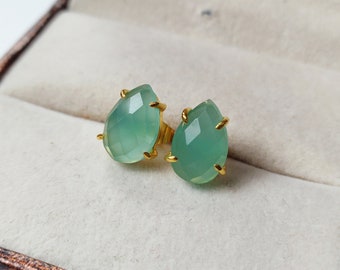 Aqua Chalcedony Prong Set Stud Earrings, 925 Sterling Silver Gold Plated Stud Earring, Genuine Gemstone Post Earring, Designer Gifts for her