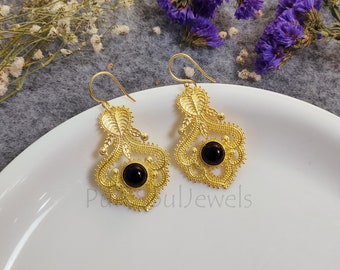 Natural Black Onyx Earring, Heart Design Gold Plated Earring, Gemstone Earring, Black Onyx Dangle Earrings, Designer Earring, Onyx Earring