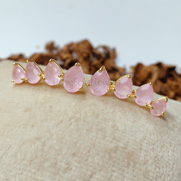 Pink Chalcedony Ear Climber, 925 Sterling Silver Earring, Chalcedony Ear Crawler, Gemstone Ear Climber, Ear Crawler Earring, Christmas Gift