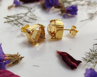 Citrine Stud Earrings, 925 Sterling Silver Stud Earring, Vintage Citrine Gemstone Studs, Promise Studs, Prong Stacking Stud, Engagement Stud