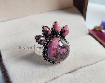 Rhodonite Gemstone Ring, Oxidized Brass, Boho Statement Jewelry, Adjustable Gift