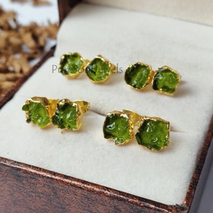Moldavite Raw Stud Earrings, Rough Moldavite Gemstone Studs, Amazing Stud, Raw Gemstone Stud, Gold Plated Moldavite Rough Stone Stud Earring