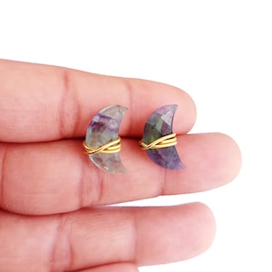 Fluorite Crescent Moon Stud Earrings: Gold Plated Sterling Silver