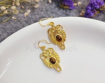 Natural Tiger Eye Earrings, Gold Plated Gemstone Earrings, Healing Crystal Jewelry, Gift For Her
