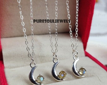 Blue Labradorite Necklace, Half Moon Labradorite Necklace in 925 Silver, Chain Layering Minimalist Moon Necklace, Boho Necklace, Gift her