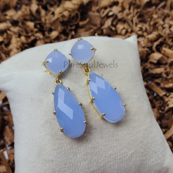 Blauwe Chalcedoon Prong Set Teardrop Oorbellen, Edelsteen Oorbellen, Chalcedoon Oorbellen, Dangle Oorbellen, Statement Earring, geschenk .