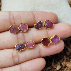 Raw Ruby Stud Earrings, July Birthstone Jewelry, 14K Gold Plated Boho Handmade Gift For Her