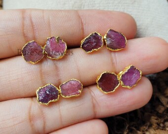 Raw Ruby Stud Earrings, July Birthstone Jewelry, 14K Gold Plated Boho Handmade Gift For Her