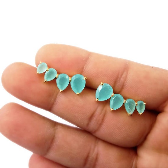 Ear Climber Earrings Aqua Blue Chalcedony Gold-plated Sterling Silver Ear Climber Earrings Aqua Blue Chalcedony Gold-plated Sterling Silver