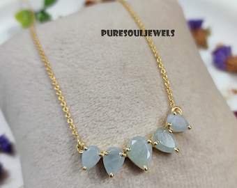 Aquamarine Teardrop Necklace, Blue Gemstone Pendant, 925 Sterling Silver, Boho Hippie Jewelry Gift