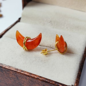 Carnelian Crescent Moon Stud Earrings: Gold Plated 925 Silver