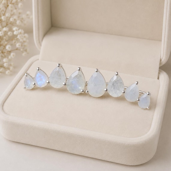 Rainbow Moonstone Ear Climber, 925 Sterling Silver Earring, Moonstone Ear Crawler, Gemstone Ear Climber, Blue Fire Moonstone Crawler Earring