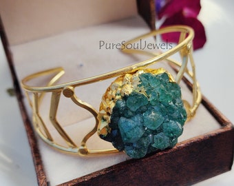 Green Druzy Bangle, Gold Plated Bangle, Gemstone Jewelry, Adjustable Bangle Jewelry, Cuff Bangle, Friendship Gift Bangle, Designer Bangle