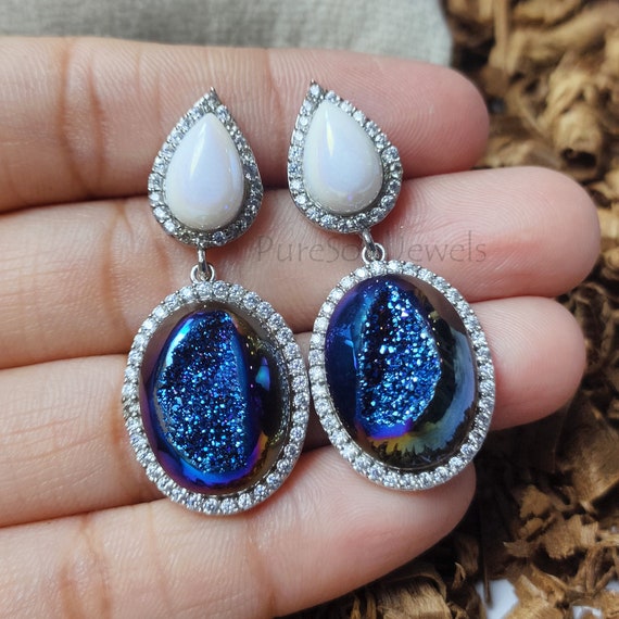 Titanium Blue Druzy Earring White Agate Cz Earring Pave Set Dangle Earrings Druzy Earrings Pave Set Earring Fancy Earrings Etsy UK