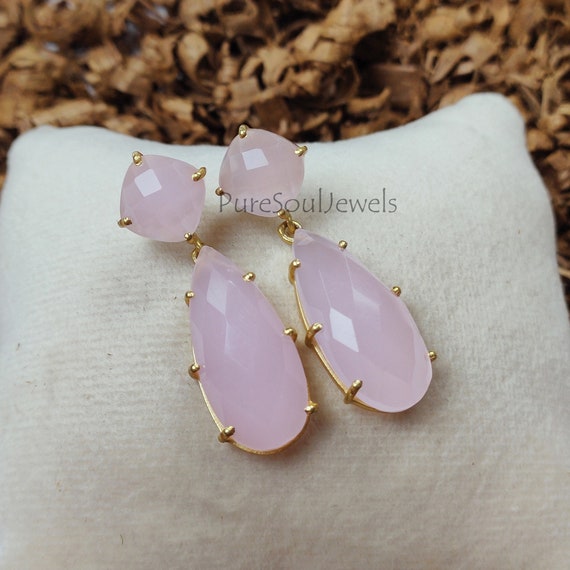 Buy Pink Chalcedony Prong Set Teardrop Earrings Gemstone Earrings Chalcedony Earrings Dangle Earrings Friendship Day Gift Earring Statement Online in India Etsy