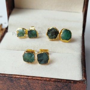 Raw Emerald Stud Earrings, May Birthstone Earrings, Rough Stone Earrings, Birthstone Stud Earrings