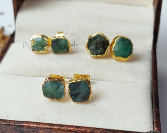 Brincos de Esmeralda Bruta, Brincos com Pedra de Nascimento de Maio, Brincos de Pedra Natural, Brincos Pequenos com Pedra de Nascimento