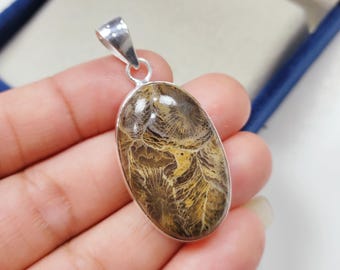 Fossil Coral Pendant, Silver Pendant, Fossil Coral Gemstone Pendant, Handmade Pendant Jewelry, Oval Pendant, Designer Pendant, Gift For Her