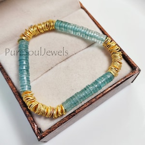 Aqua Blue & Gold Heishi Bead Bracelet - Heishi Bracelets - Heishi Stacking Bracelets - Stretchable Bracelets, Gift For Wife