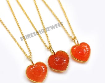 Carved Carnelian Heart Necklace, Silver Pendant, Boho Hippie Gemstone Jewelry, Gift for Her