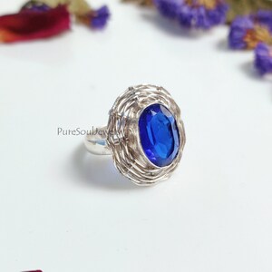 Blue Sapphire Quartz Ring: Sterling Silver Spider Web Statement Ring