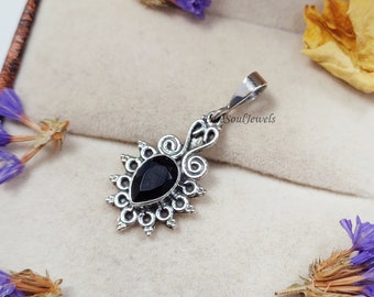 カボションブラックオニキスペンダント、925スターリングシルバー