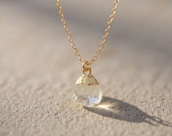 Raw Herkimer Diamond Brass Pendant Necklace, Boho Crystal Statement