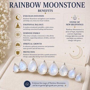 May include: A silver-toned ear climber featuring seven pear-shaped rainbow moonstones in a graduated arc. The background text details the benefits of rainbow moonstone, including intuition, emotional balance, feminine energy, growth, and protection.