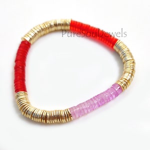Multi Color Bead Bracelet, Gold Plated Accent Discs, Cute Bracelet Stack Beads, Stretch Bracelet, Gift Idea, Heishi Bracelet, Friendship