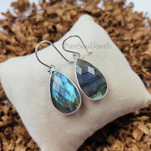 Sterling Silver Labradorite Teardrop Earrings: Bezel Set Gemstone